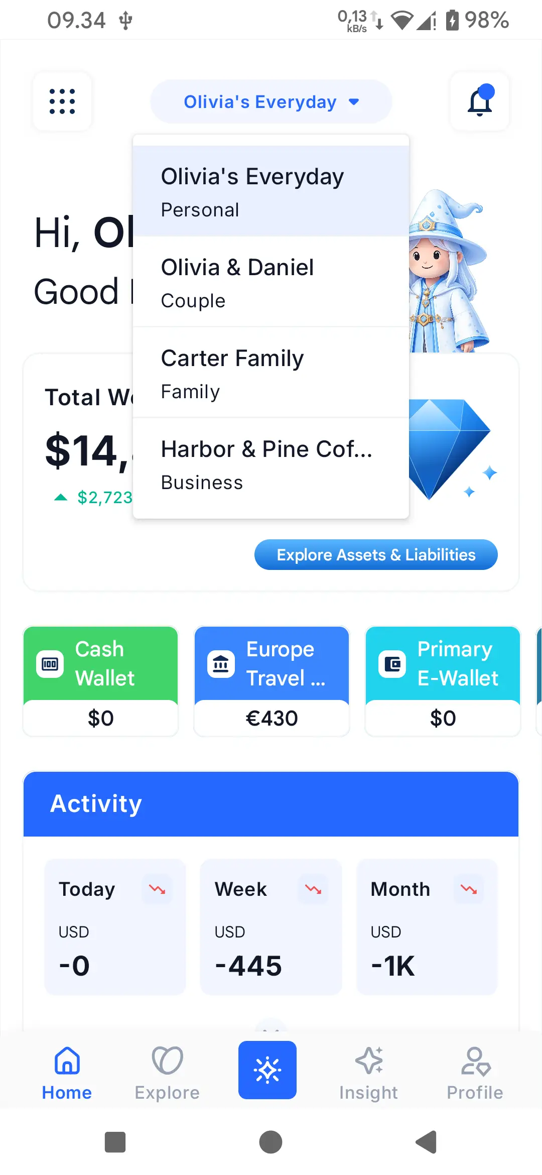Finanxy Home with the journal selector open to switch between personal and business journals