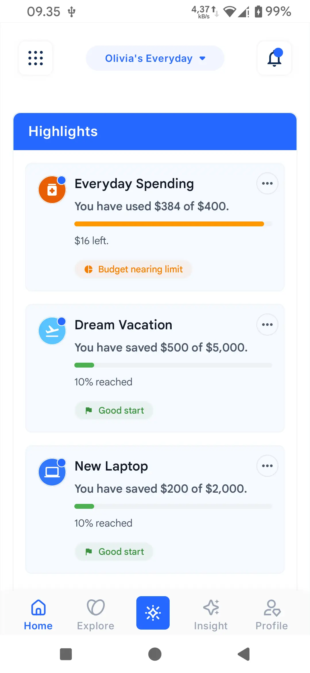 Finanxy Home highlights card surfacing budgets nearing their limit and upcoming planned payments