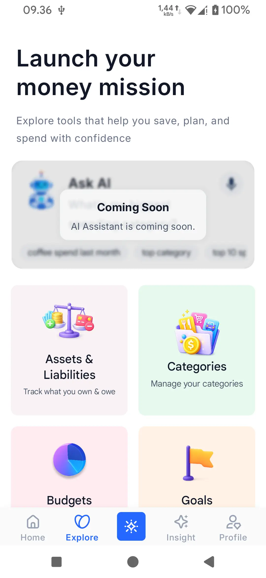 Finanxy Explore screen listing all available features and entry points