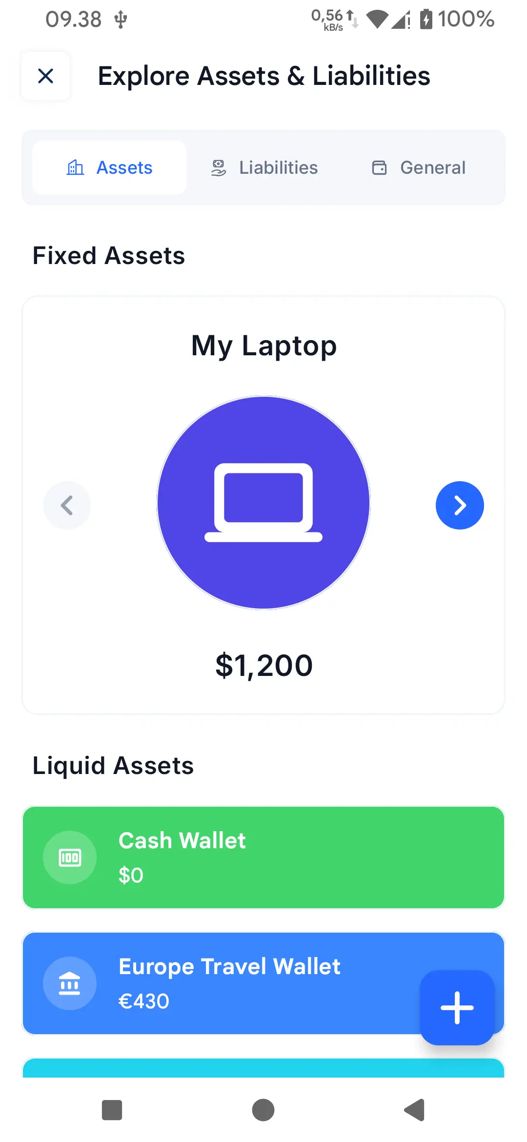 Finanxy Explore showing total assets and liabilities with per-account breakdowns