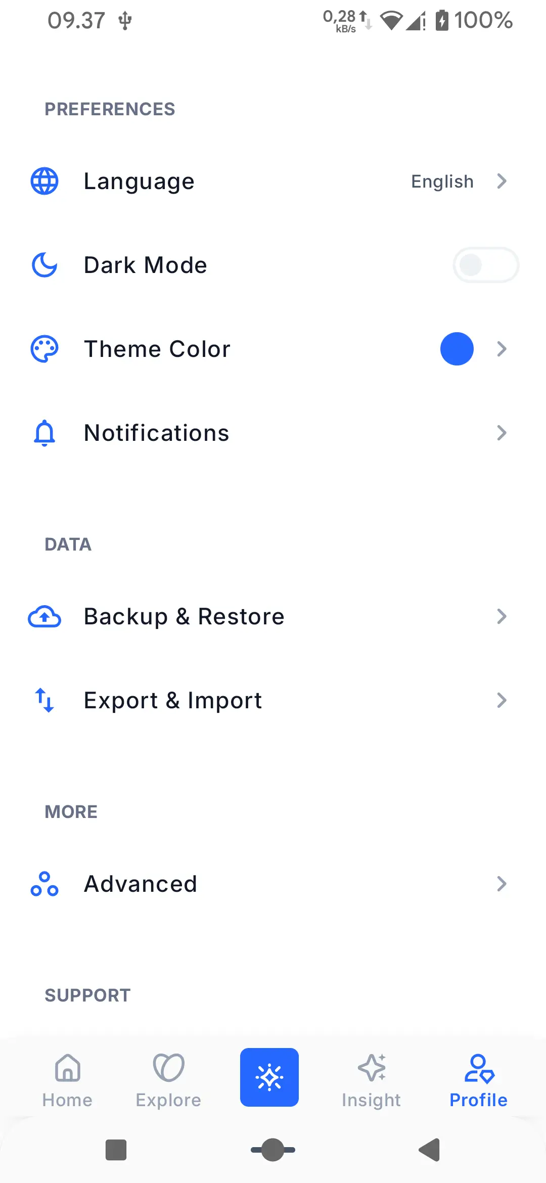 Finanxy Profile and Settings screen for managing accounts, categories, backups, and security
