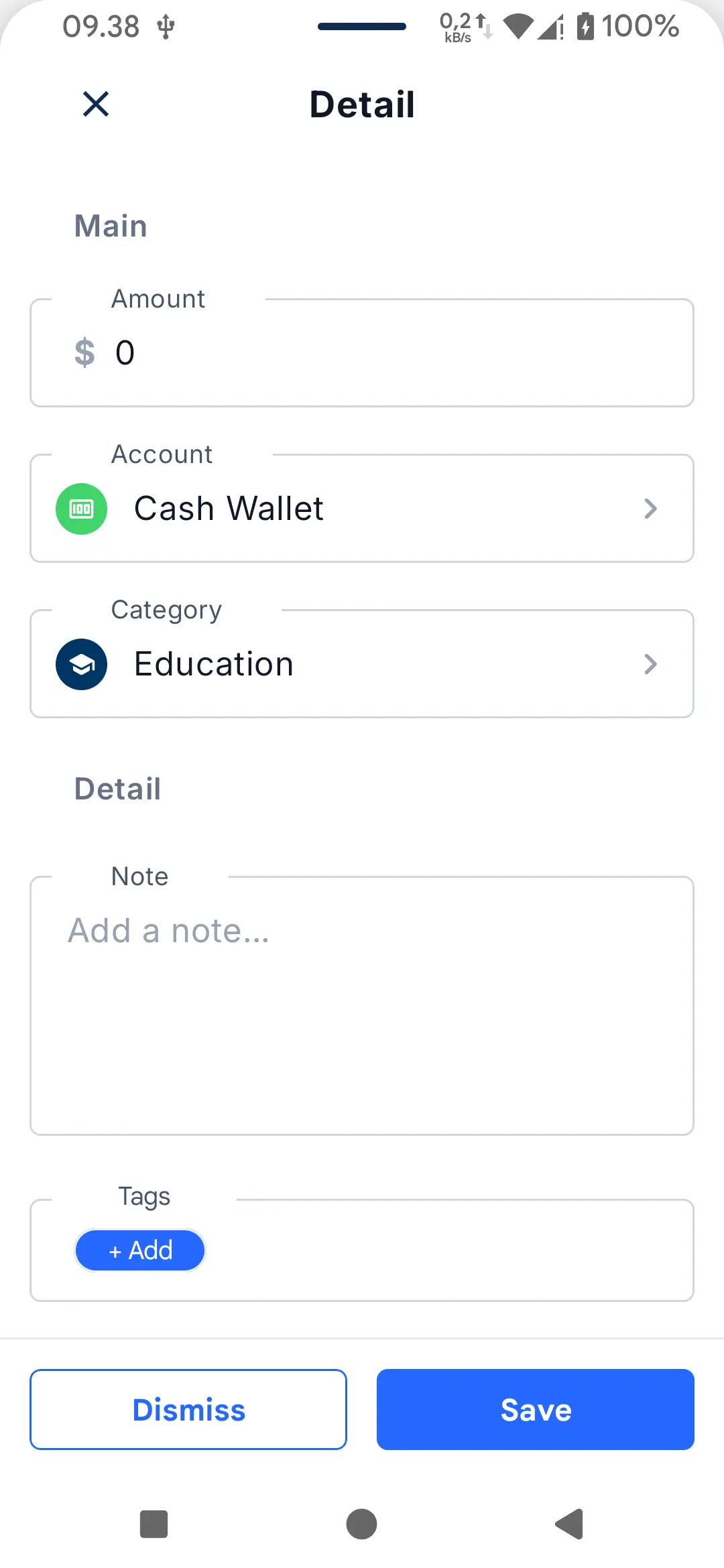 Finanxy add transaction detail form with accounts, category, amount, and notes